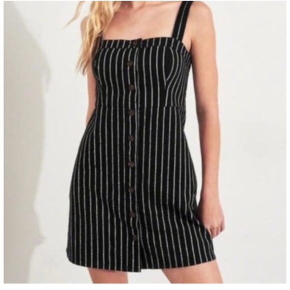 Hollister XS Striped Button Down Mini Dress Black White Sweetheart NWOT - Picture 1 of 7